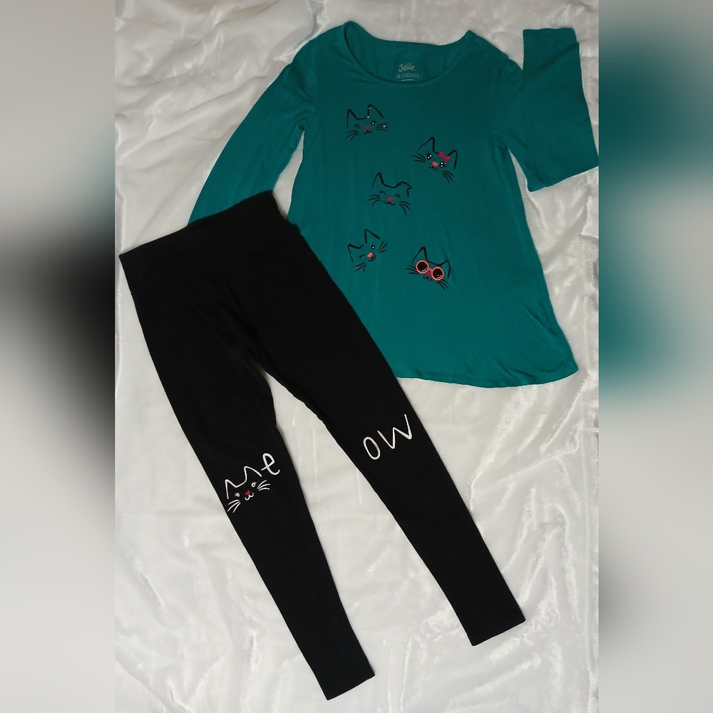 Girl's (Kids) | Set of 2 Pc. | Teal Cat Print Tunic Top and Black meow Leggings
